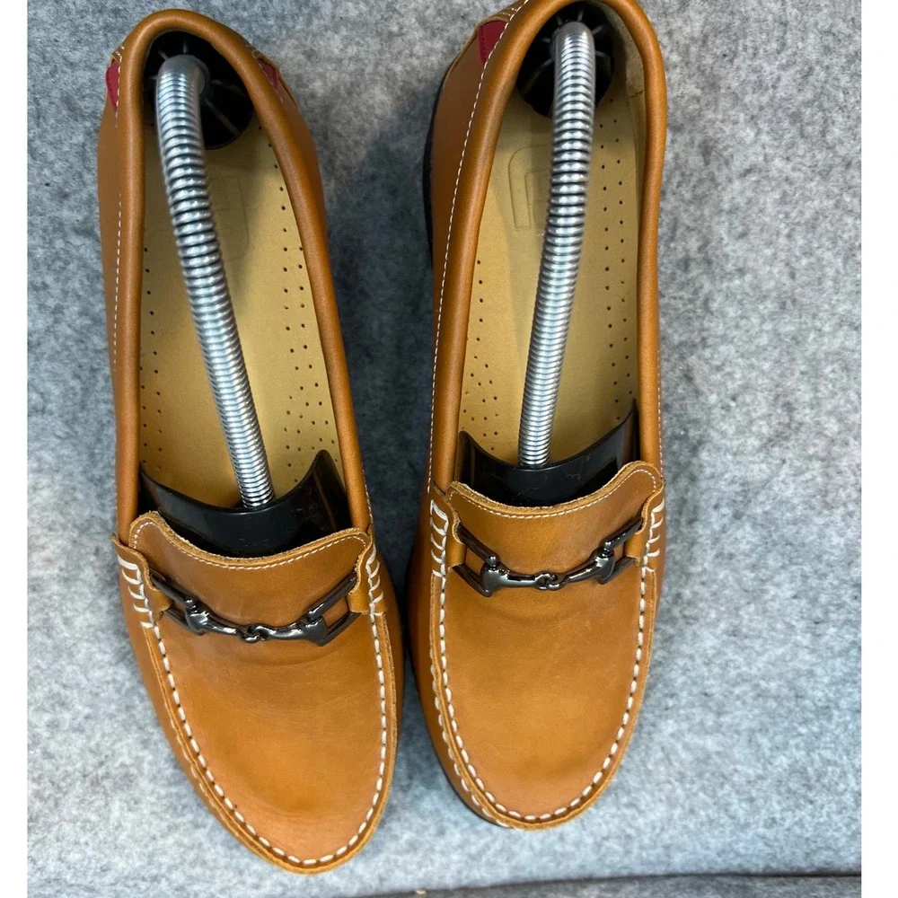 FootJoy Mens Tan Leather Bit Loafers Slip On Shoes Brown Red Accents Size 8.5